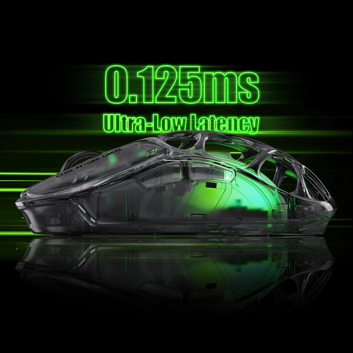 GravaStar V60 and X Air 8000Hz Gaming Set Mercury X Air 8000Hz wireless gaming mouse performance showcase displaying 0.125ms ultra-low latency, 8000Hz polling rate, 56g transparent open-frame skeleton, and green GlowSync RGB backlighting.
