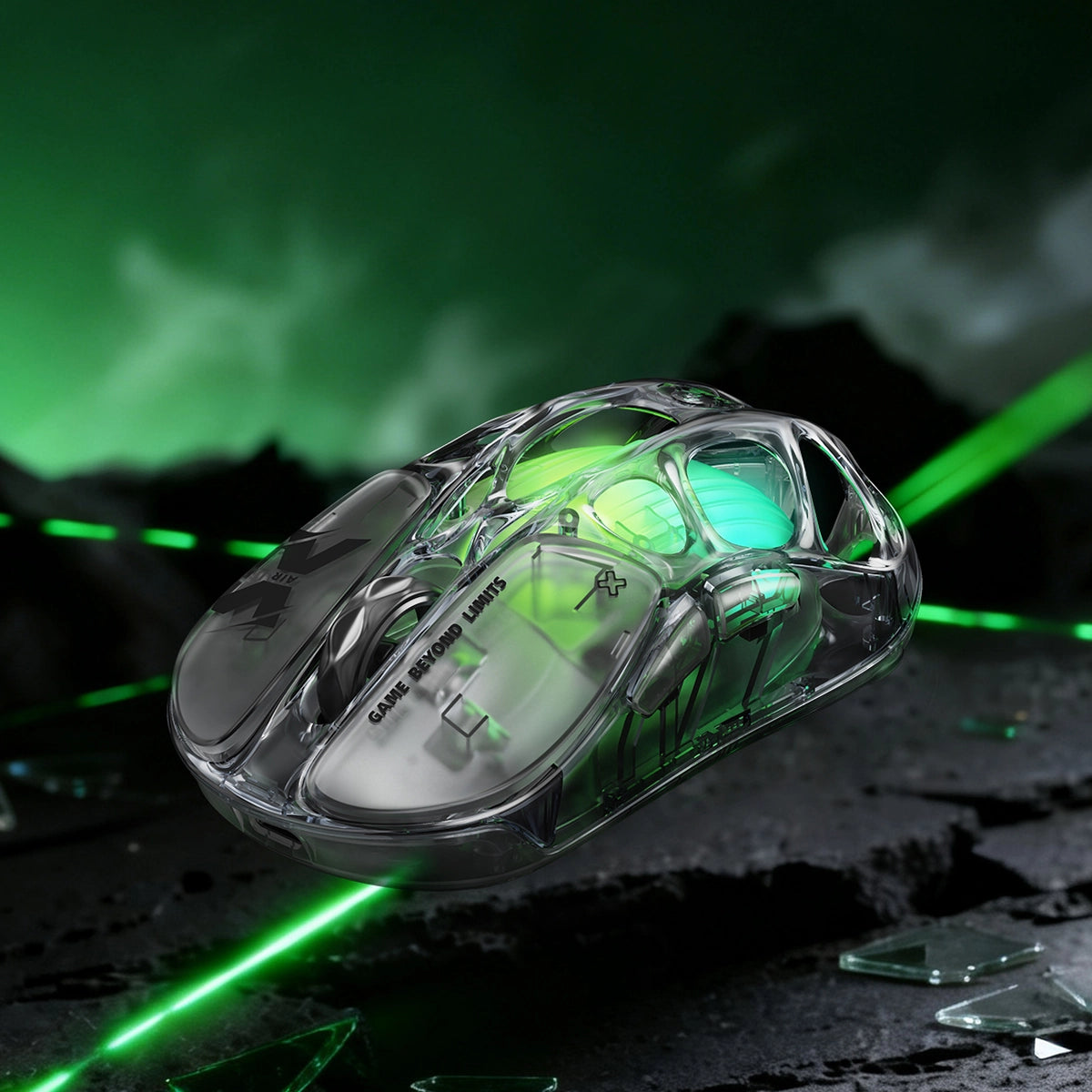 GravaStar V60 and X Air 8000Hz Gaming Set Mercury X Air 8000Hz wireless gaming mouse showcase featuring 56g ultralight open-frame transparent skeleton, PixArt PAW 3950 32K DPI sensor, and green GLOWSYNC RGB lighting.