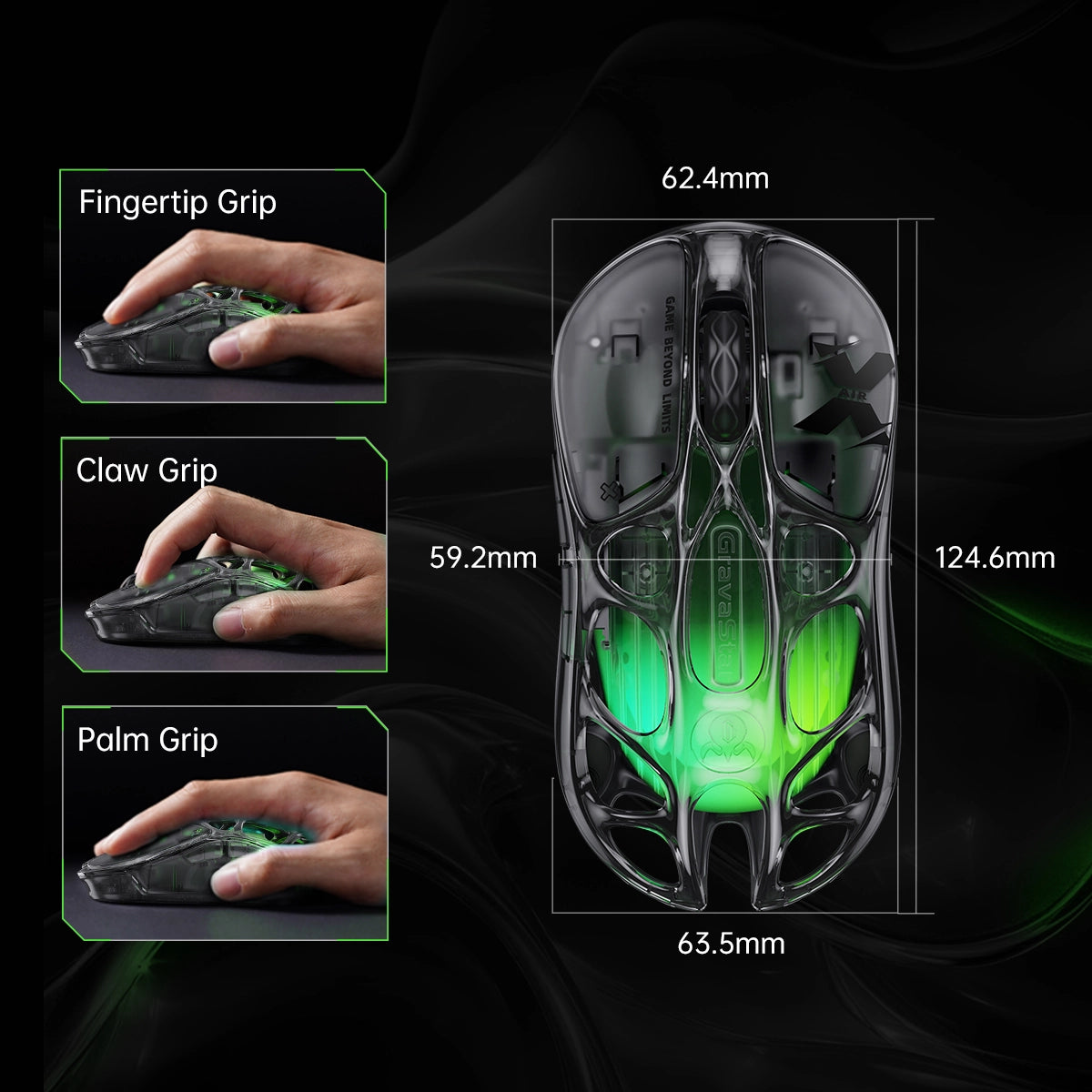 GravaStar V60 and X Air 8000Hz Gaming Set Mercury X Air 8000Hz wireless gaming mouse physical dimensions guide displaying 124.6mm length, 63.5mm width, and 59.2mm grip width with fingertip grip, claw grip, and palm grip compatibility for 56g ultralight transparent skeleton.