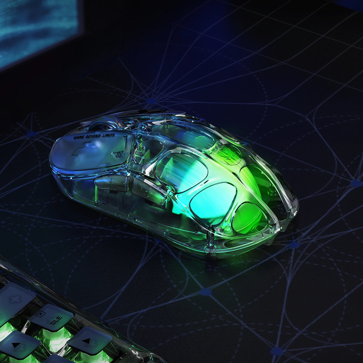 GravaStar V60 and X Air 8000Hz Gaming Set Mercury X Air 8000Hz wireless gaming mouse GlowSync RGB lighting showcase featuring 16.7 million colors, 5 customizable lighting modes, 56g transparent open-frame skeleton, and Mercury V60 transparent keyboard desk setup.