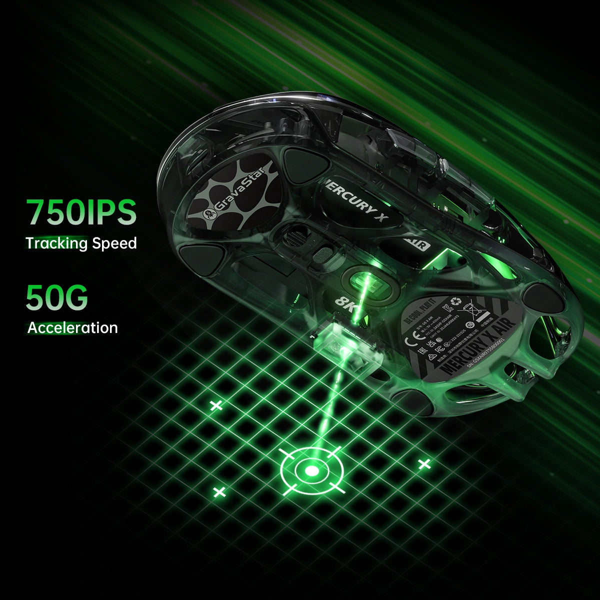 GravaStar V60 and X Air 8000Hz Gaming Set Mercury X Air 8000Hz wireless gaming mouse bottom sensor breakdown featuring PixArt PAW 3950 optical sensor, 750 IPS tracking speed, 50G acceleration, 32000 DPI sensitivity, and 8000Hz polling rate.