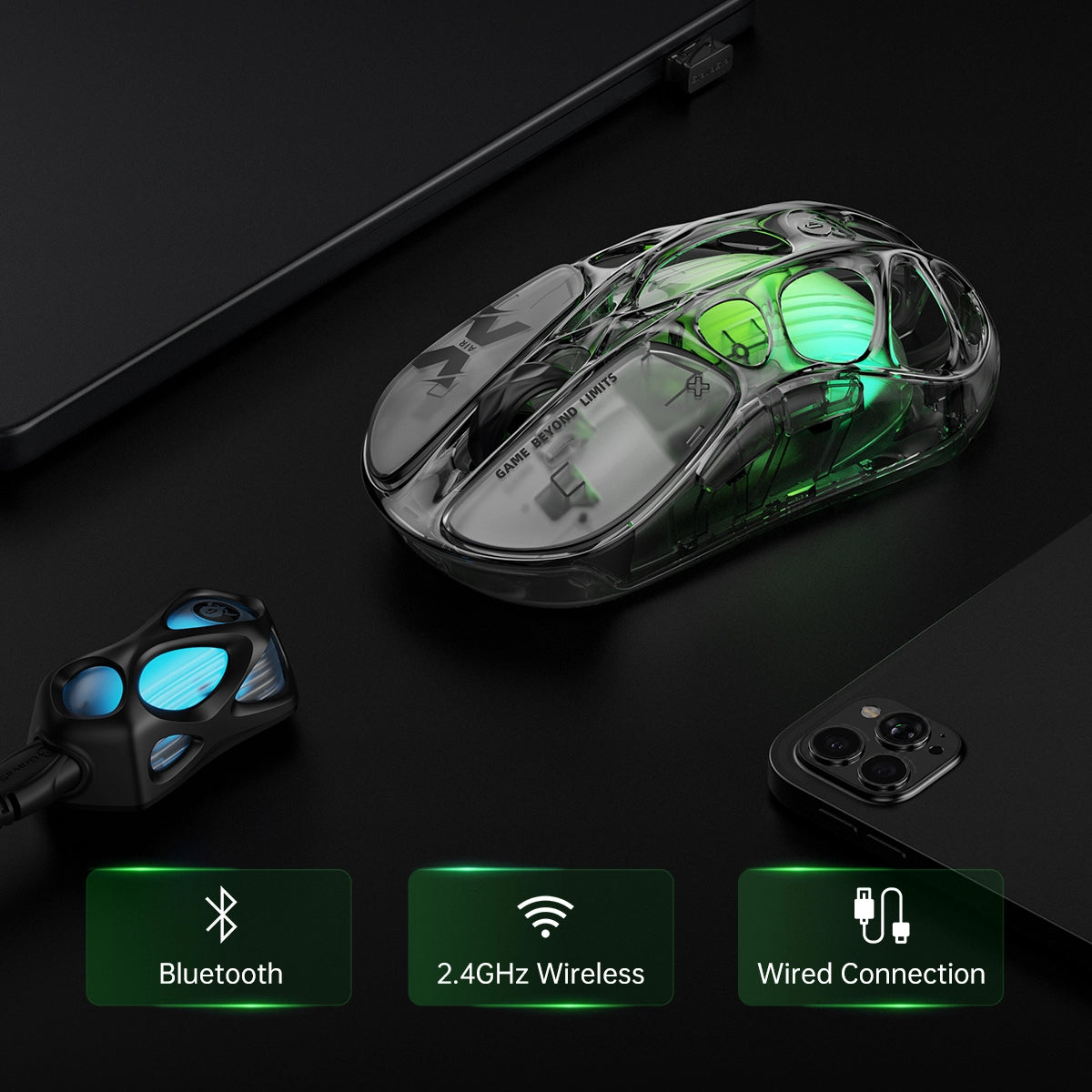 GravaStar V60 and X Air 8000Hz Gaming Set Mercury X Air 8000Hz wireless gaming mouse tri-mode connectivity guide displaying 2.4GHz wireless, Bluetooth 5.1, USB-C wired connection, 8K wireless dongle, and 56g transparent open-frame skeleton with GLOWSYNC RGB lighting.