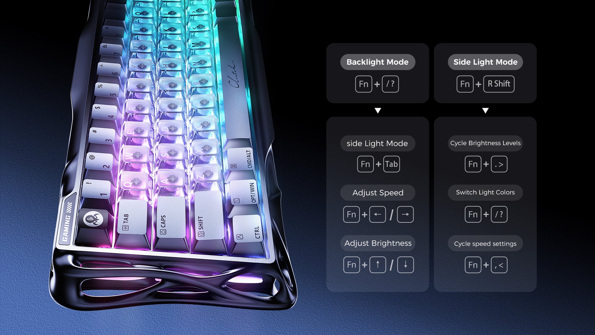 GravaStar V60 Pro and X Pro Gaming Set Mercury V60 Pro 60% compact aluminum gaming keyboard dual-zone RGB shortcut guide displaying Fn key combinations for key backlighting, side ambient light strip, 16 dynamic lighting modes, color switching, speed adjustment, and brightness level control.