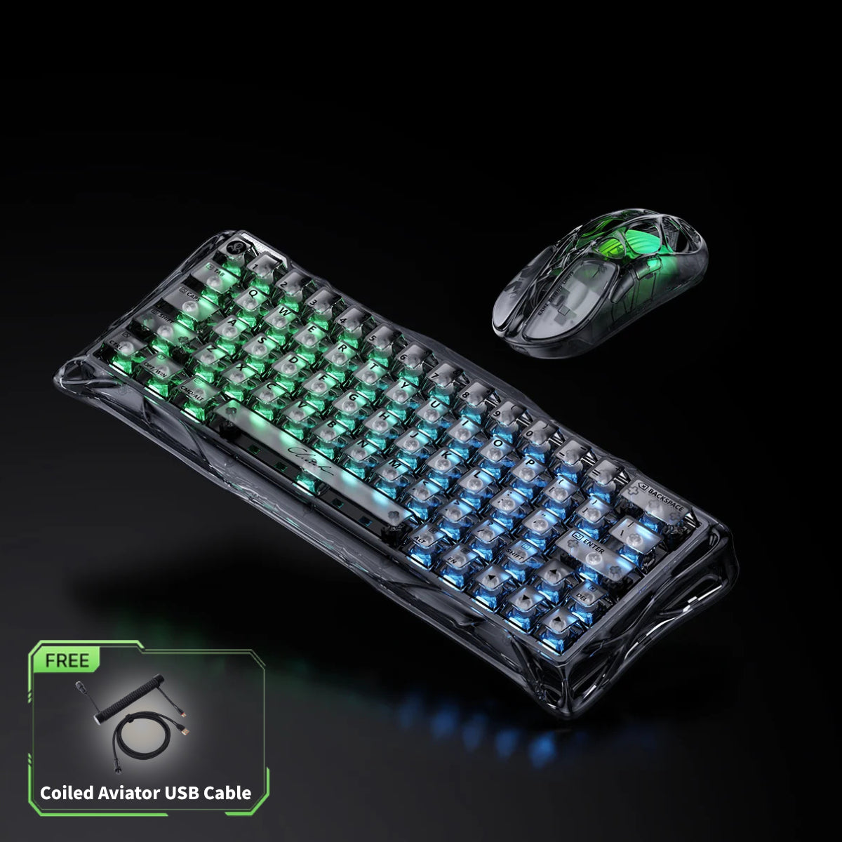 GravaStar V60 and X Air 8000Hz Gaming Set Onyx Crystal studio bundle overview featuring Mercury V60 transparent 8KHz magnetic keyboard, Mercury X Air 56g ultralight wireless mouse, and FREE Coiled Aviator Cable.