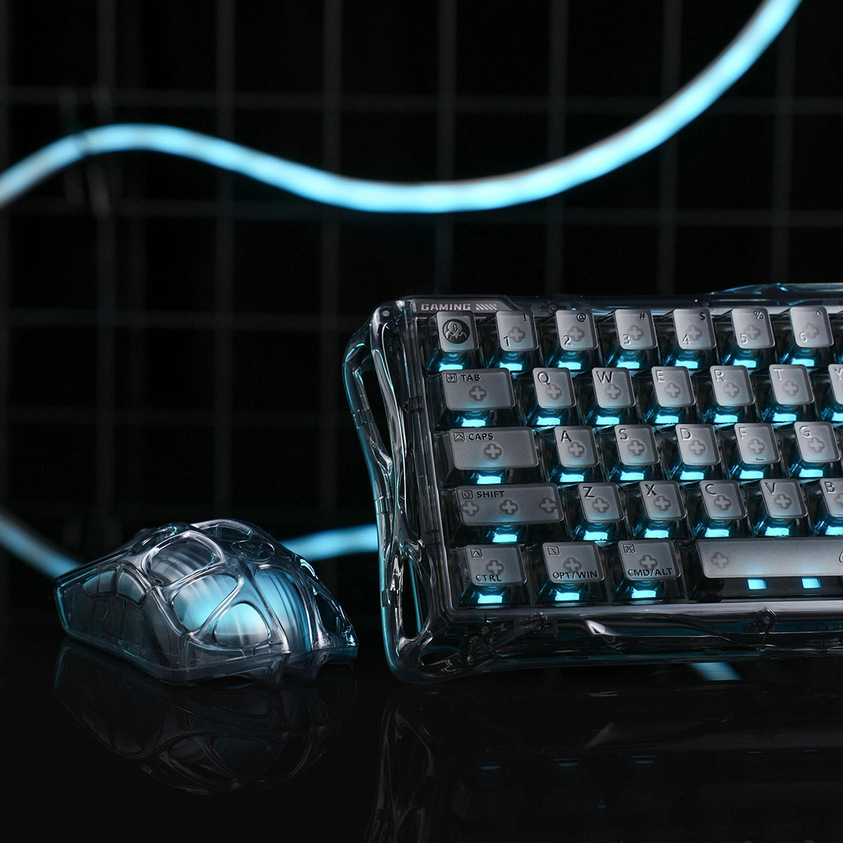 GravaStar V60 and X Air 8000Hz Gaming Set desktop closeup view showing Mercury V60 Onyx Crystal magnetic keyboard, Mercury X Air 56g wireless gaming mouse, and Coiled Aviator Cable with ice blue RGB backlighting.