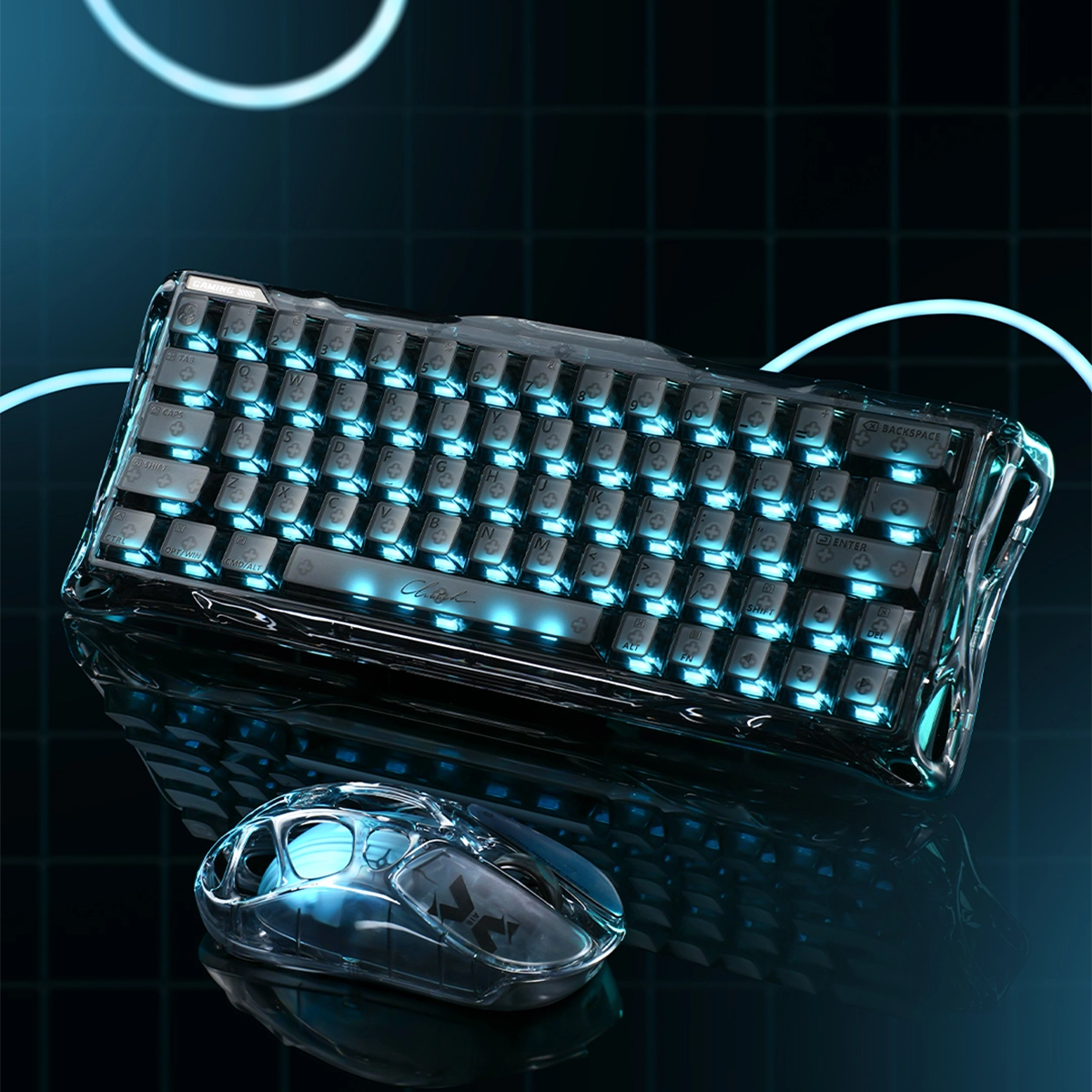 GravaStar V60 and X Air 8000Hz Gaming Set showing Mercury V60 Onyx Crystal transparent magnetic keyboard and Mercury X Air 56g wireless gaming mouse with ice blue RGB backlighting.