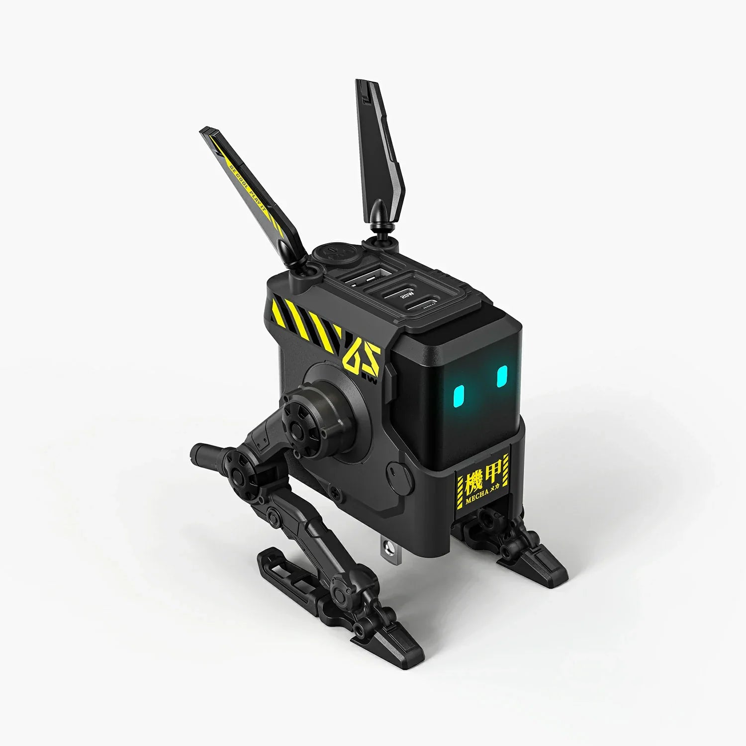 GravaStar Alpha65 Charcoal Gray 65W GaN fast charger studio white robot standing view featuring sleek matte black finish, transformable tripod stand, dual antennas, ice blue RGB eyes, and 3 USB ports, perfect paired with Mercury X Air Onyx Crystal mouse and Mercury K1 Stealth Black keyboard.