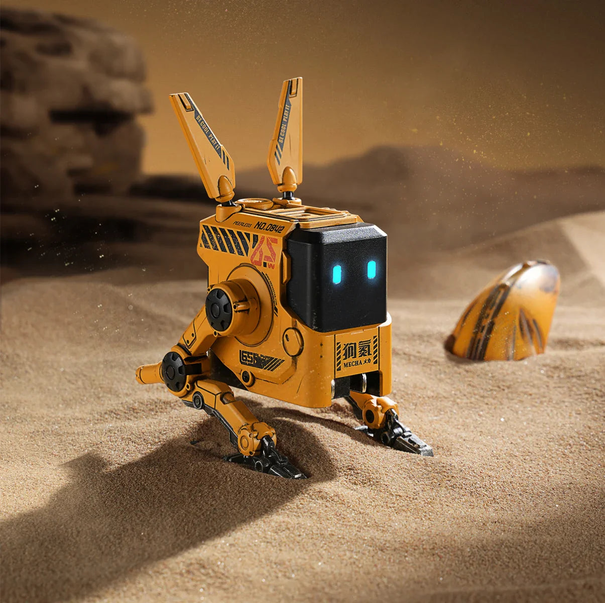 GravaStar Alpha65 War-Damaged Yellow handcrafted 65W GaN fast charger desert robot standing view featuring authentic weathered yellow finish, transformable tripod stand, dual antennas, ice blue RGB eyes, and 3 USB ports, perfect paired with Mercury X Pro Yellow mouse and Mercury K1 Pro Yellow keyboard.