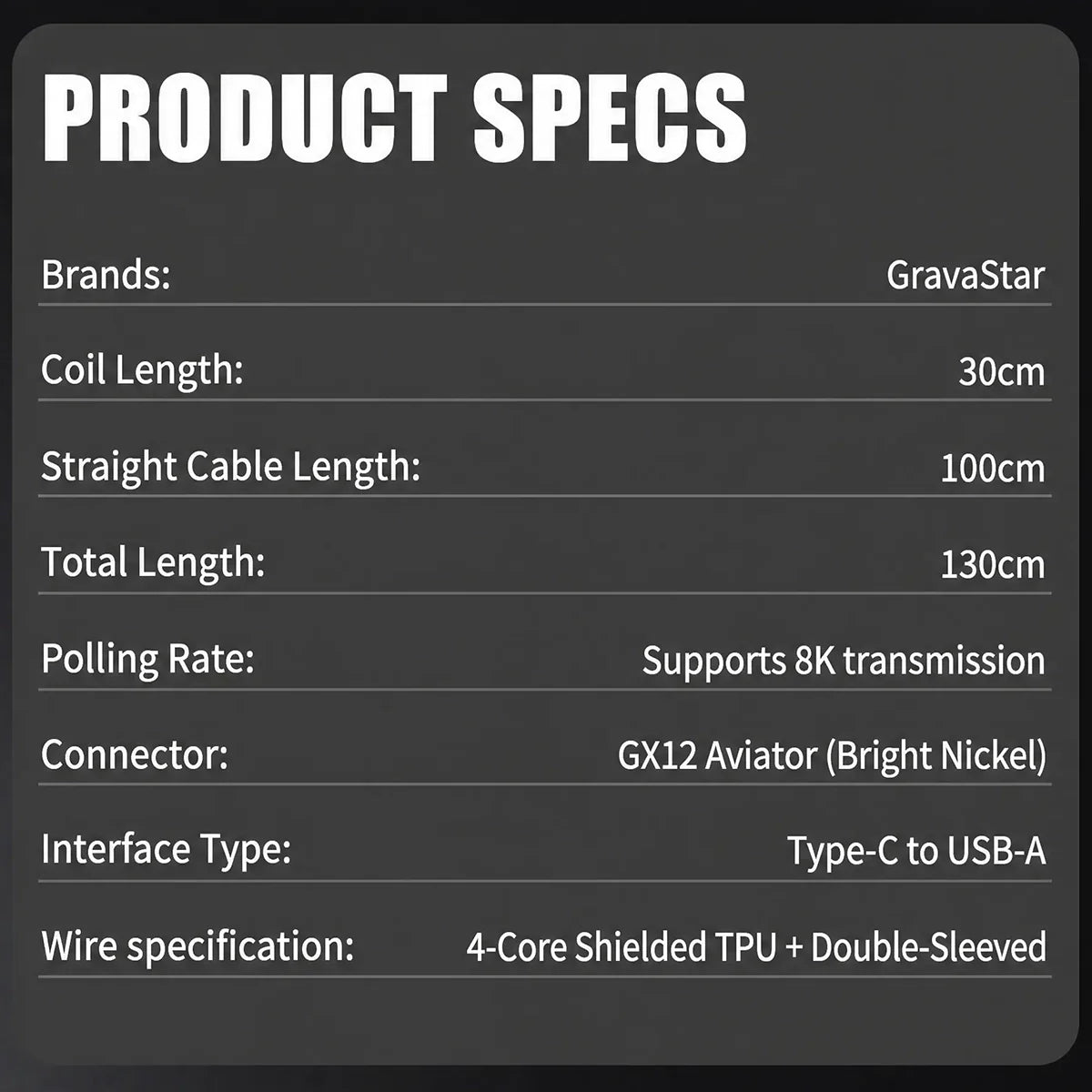 GravaStar Coiled Aviator USB Cable product specs chart showing 30cm coil length, 100cm straight cable length, supports 8K transmission, GX12 bright nickel aviator connector, Type-C to USB-A interface, and 4-core shielded TPU double-sleeved wire specification, perfect paired with Mercury K1 Pro keyboard and GravaStar Gaming Mouse Pad deskmat.