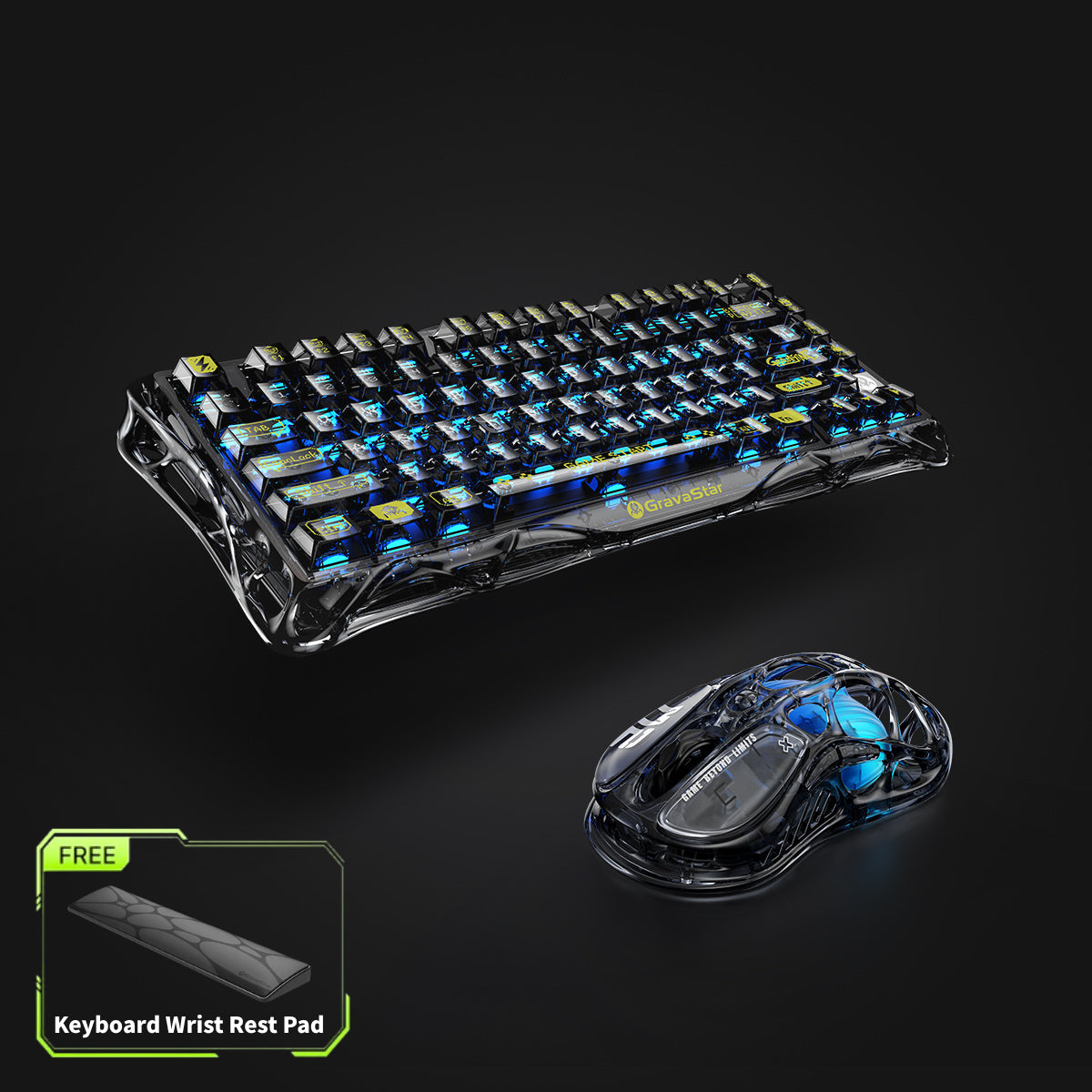 GravaStar Core Flex Gaming Set Transparent Black studio full bundle view featuring Mercury K1 Lite 75% wireless mechanical keyboard, Mercury M2 gaming mouse with PAW3395 sensor, and free bonus keyboard wrist rest pad, perfect paired with GravaStar Gaming Mouse Pad black deskmat and Mars Pro Black speaker.