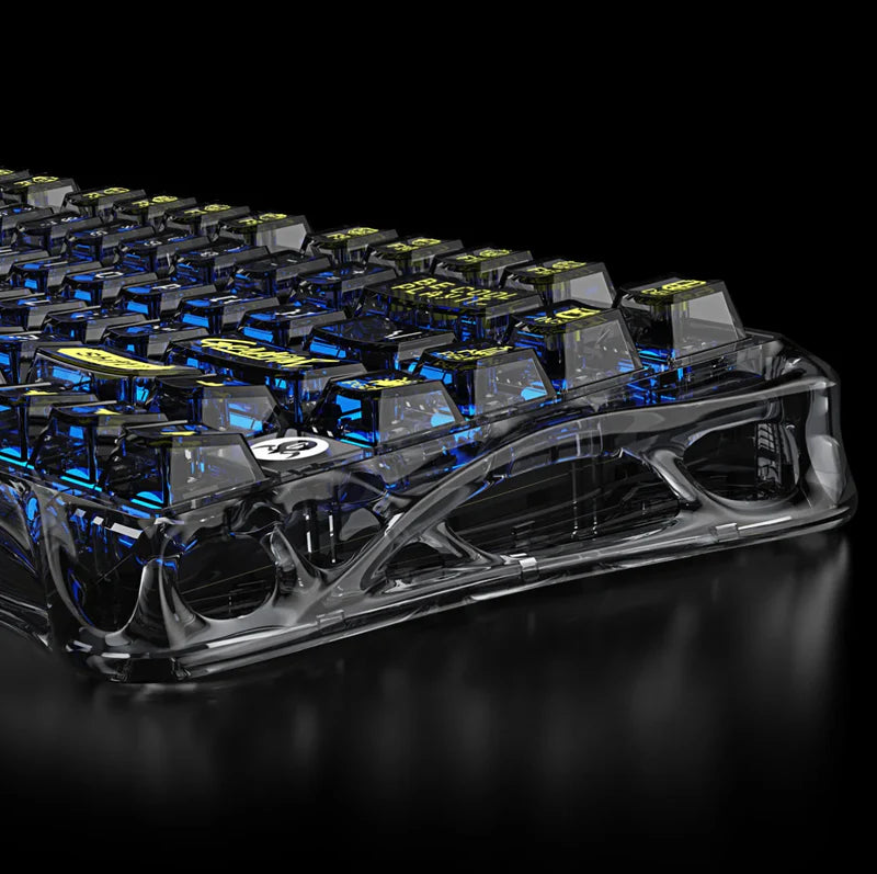 GravaStar Core Flex Gaming Set Transparent Black studio Mercury K1 Lite keyboard chassis and Gasket mount close-up view featuring transparent PC mecha shell, custom linear switches, immersive RGB backlighting, and 75% compact wireless design, perfect paired with Mercury M2 gaming mouse and GravaStar Gaming Mouse Pad black deskmat.