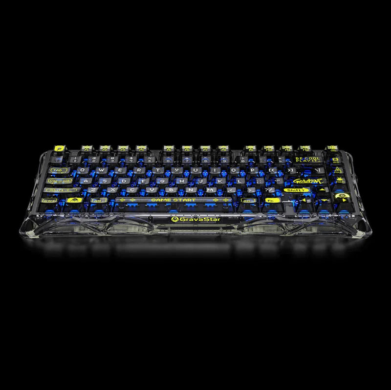 GravaStar Core Flex Gaming Set Transparent Black studio Mercury K1 Lite keyboard top-down view featuring transparent PC mecha shell, custom linear switches, 75% compact wireless layout, and immersive RGB backlighting, perfect paired with Mercury M2 gaming mouse and GravaStar Gaming Mouse Pad black deskmat.