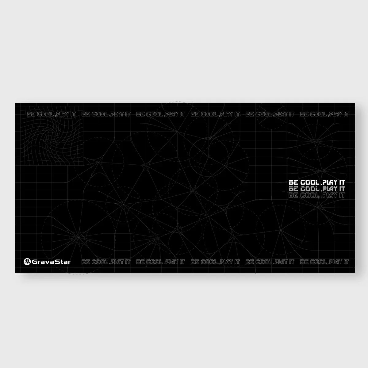 GravaStar Gaming Mouse Pad Black studio flat graphic view featuring 800x400mm extended size, waterproof micro-weave fabric surface, stitched edges, and cyberpunk geometric grid design, perfect paired with Mercury V75 Pro Stealth Black keyboard and Mercury M1 Pro Gunmetal Gray gaming mouse.
