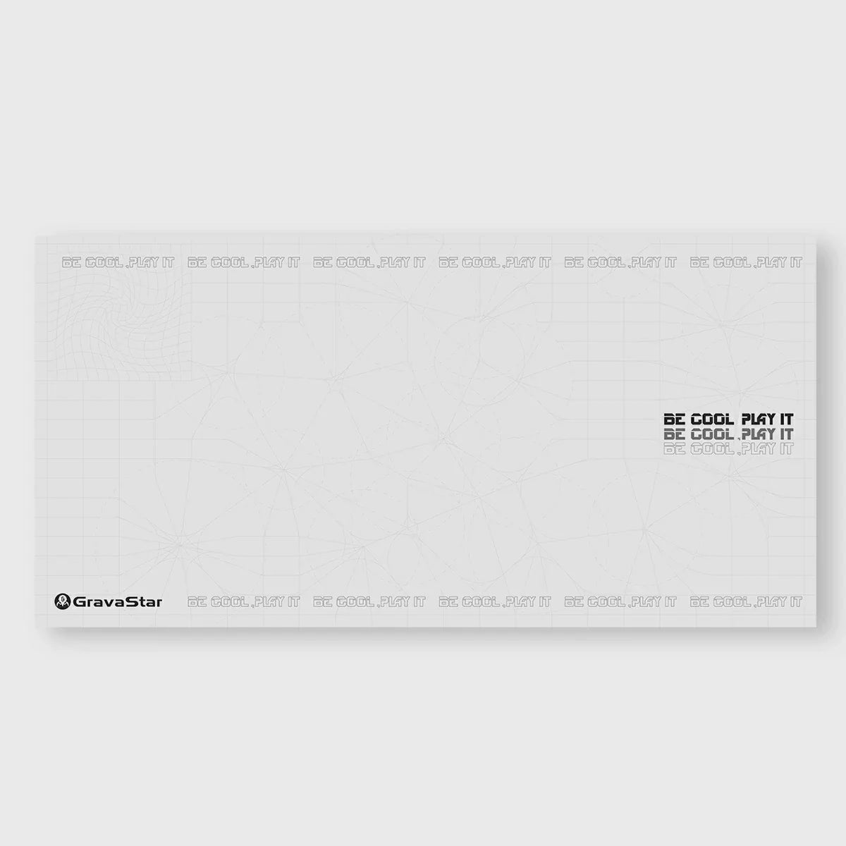GravaStar Gaming Mouse Pad White studio flat graphic view featuring 800x400mm extended size, waterproof micro-weave fabric surface, stitched edges, and cyberpunk geometric grid design, perfect paired with Mercury V75 Pro White keyboard and Mercury M1 Pro Silver Mist gaming mouse.