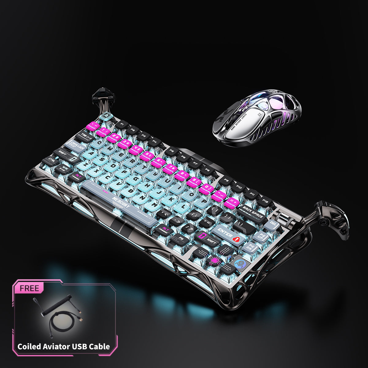 GravaStar HE 8000Hz Ultra-Fast Hall Effect Gaming Set Cyberpunk studio bundle overview featuring Mercury V75 Pro magnetic keyboard with Gateron Magnetic Jade switches, Mercury X Pro 8KHz magnesium mouse, and FREE Coiled Aviator USB Cable tag, perfect paired with Mars Pro Cyberpunk speaker.