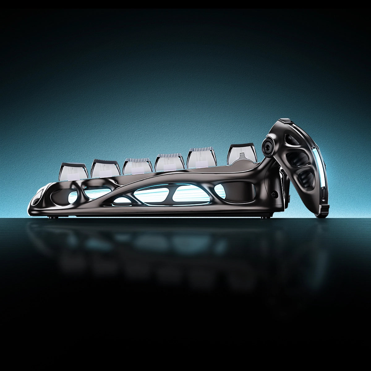 GravaStar HE 8000Hz Ultra-Fast Hall Effect Gaming Set Cyberpunk Mercury V75 Pro magnetic keyboard rear side profile view featuring gunmetal semi-aluminum skeleton chassis, hollowed-out ventilation slots, and glowing core sphere, perfect paired with Mercury X Pro mouse and Mars Pro speaker.