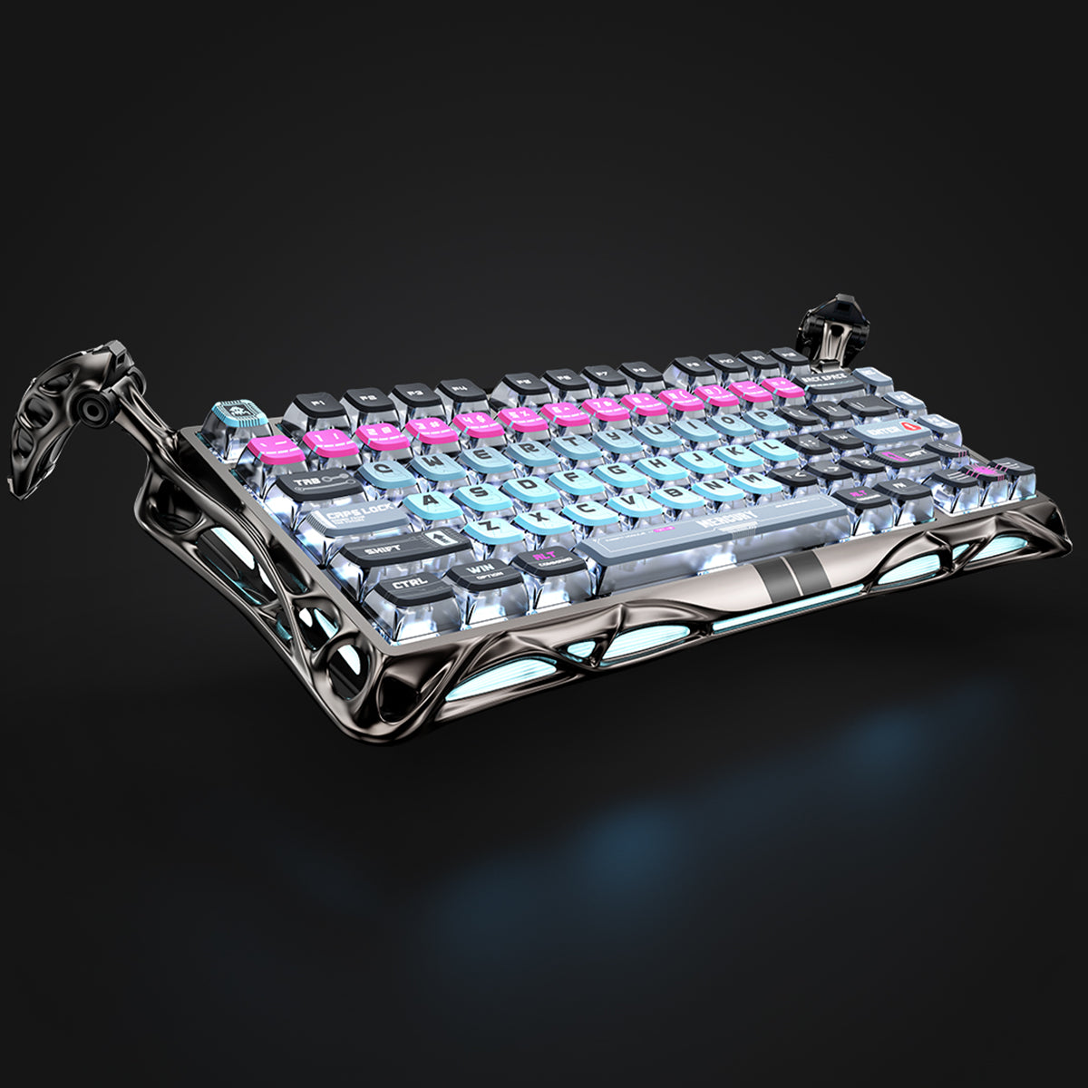 GravaStar HE 8000Hz Ultra-Fast Hall Effect Gaming Set Cyberpunk Mercury V75 Pro magnetic keyboard skeletal chassis view featuring gunmetal semi-aluminum skeleton frame, pink cyan neon gradient keycaps, Gateron Magnetic Jade switches, and 8kHz polling rate, perfect paired with Mercury X Pro mouse and Mars Pro speaker.