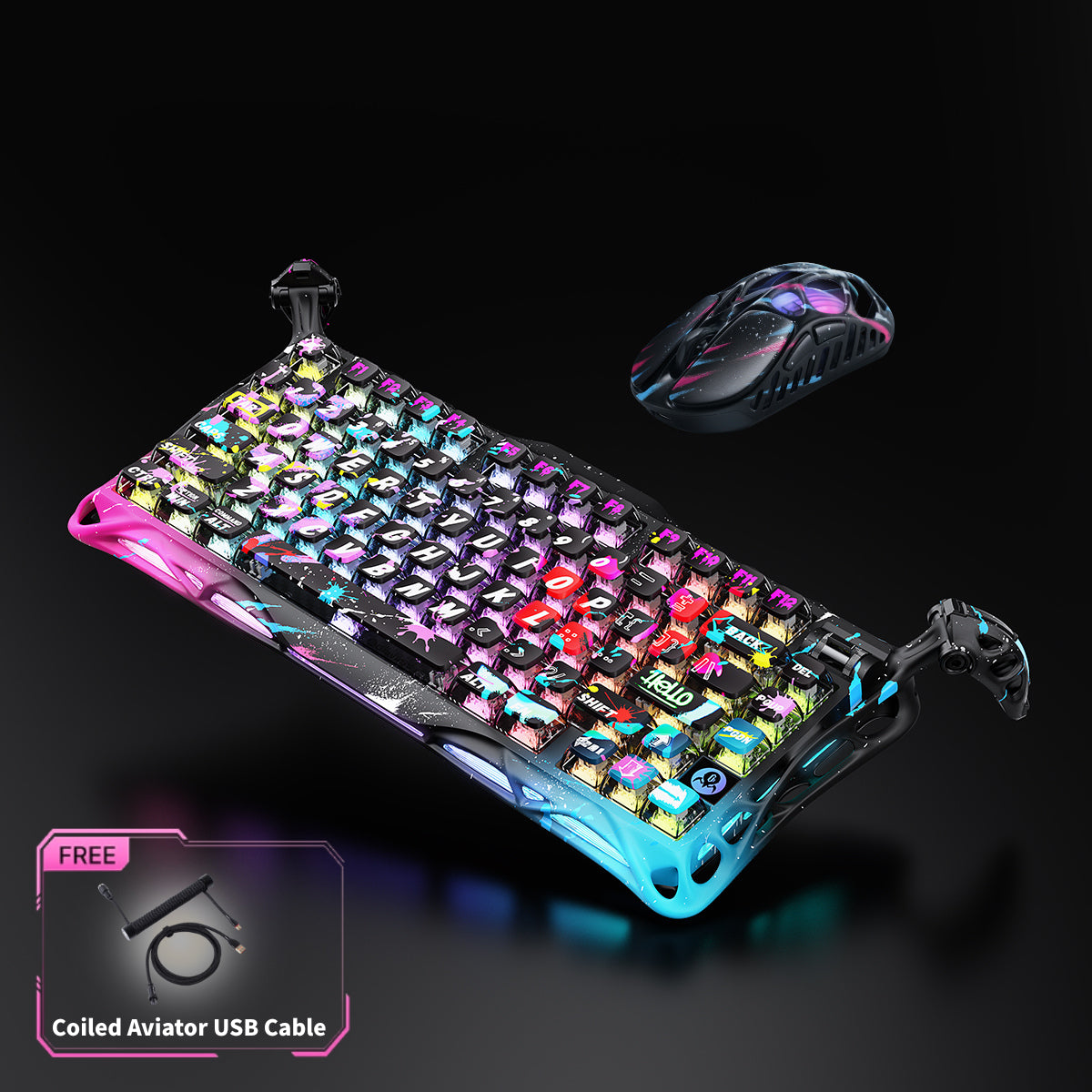 GravaStar HE 8000Hz Ultra-Fast Hall Effect Gaming Set Neon Graffiti studio bundle overview featuring Mercury V75 Pro magnetic keyboard with GravaStar UFO switches, Mercury X Pro 8KHz magnesium mouse, and FREE Coiled Aviator USB Cable tag, perfect paired with Mars Pro Neon Graffiti speaker.