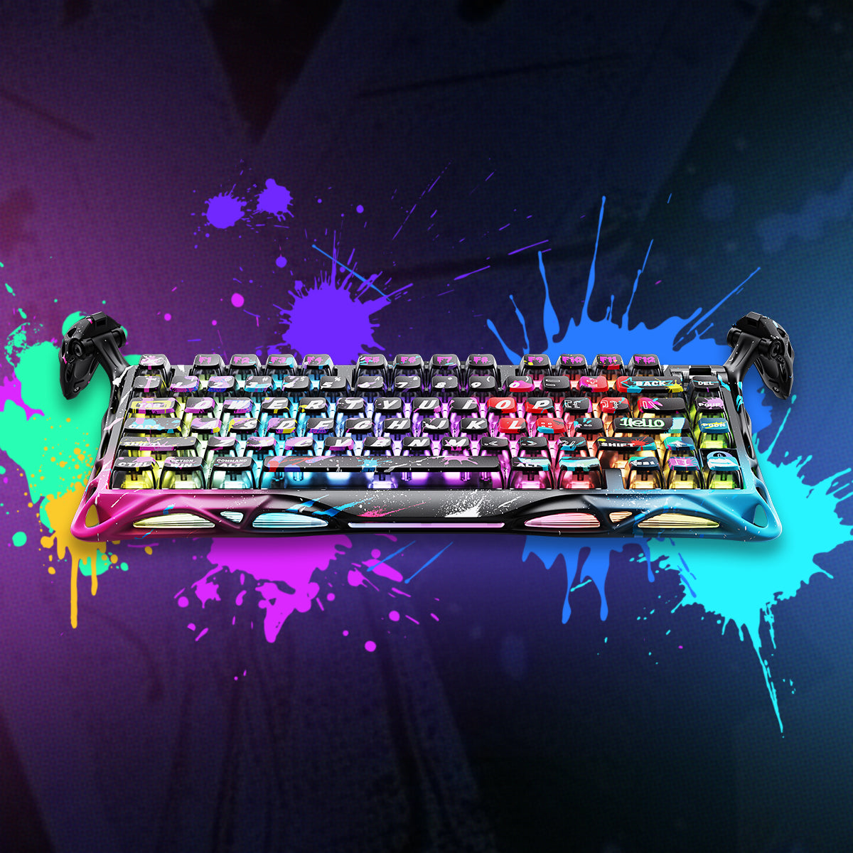 GravaStar HE 8000Hz Ultra-Fast Hall Effect Gaming Set Neon Graffiti Mercury V75 Pro magnetic keyboard skeletal chassis view featuring hand-painted street art aluminum frame, GravaStar UFO switches, 8kHz polling rate, and RGB backlighting on splatter background, perfect paired with Mercury X Pro Neon Graffiti mouse and Mars Pro Neon Graffiti speaker.