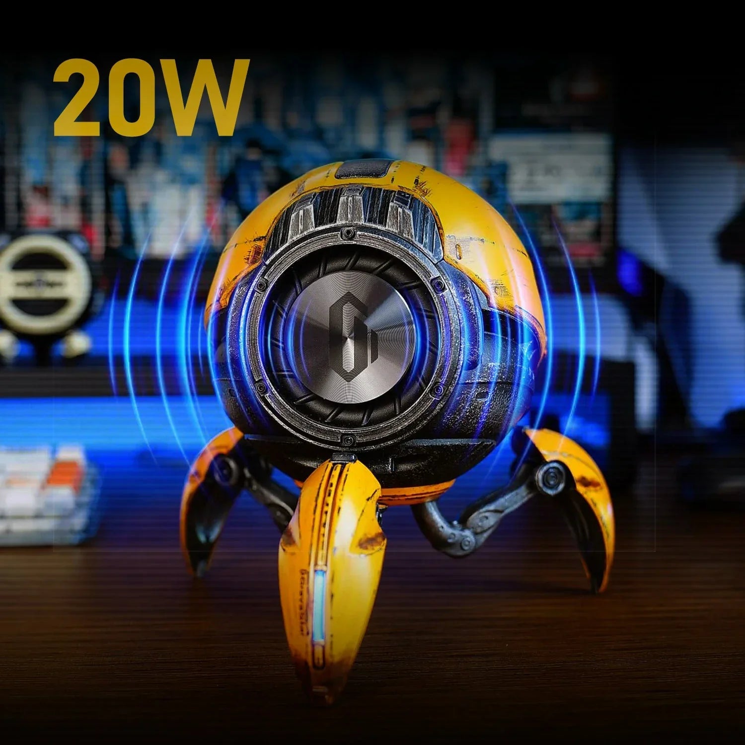 GravaStar Mars Pro Special Edition War-Damaged Yellow handcrafted Bluetooth speaker 20W audio power feature view featuring 20W dual speaker system, passive bass radiator, DSP equal-loudness contour, RGB lighting, and tripod legs, perfect paired with Mercury X Pro Yellow mouse and Mercury K1 Pro Yellow keyboard.