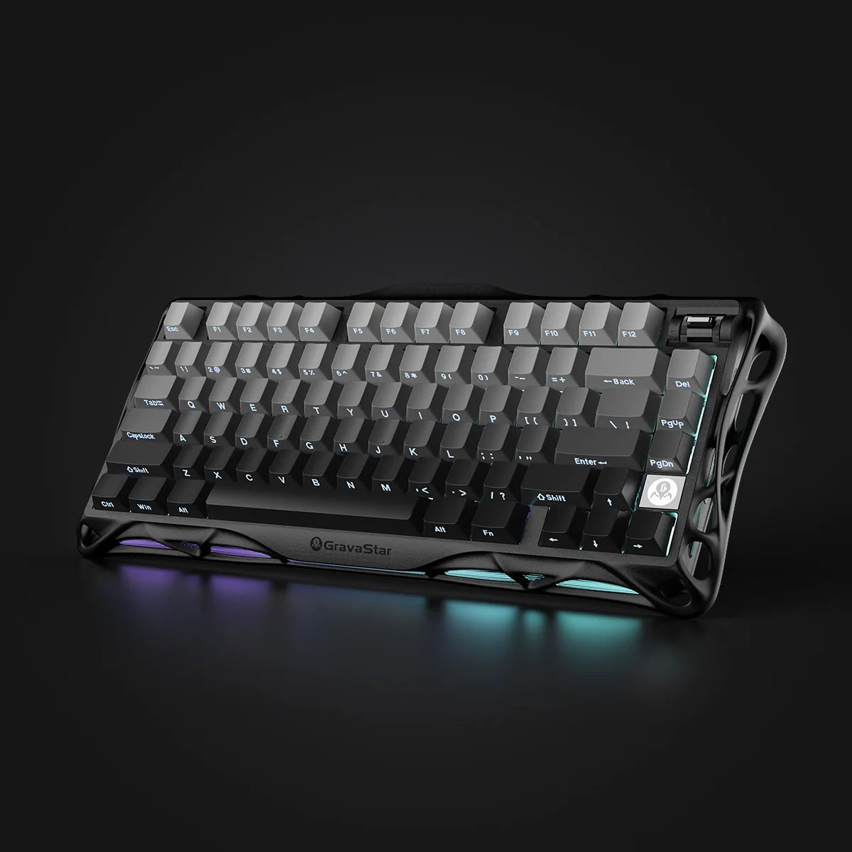 GravaStar Mercury K1 Gradient Black – Angled top-down view of 75% wireless mechanical gaming keyboard with aluminum alloy gradient frame, custom linear switches, Gasket mount, and dual RGB backlight.