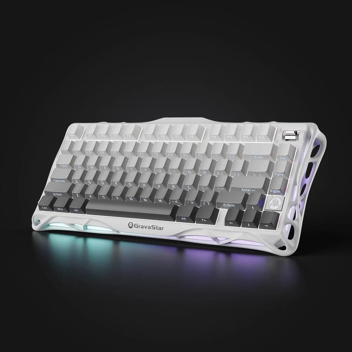 GravaStar Mercury K1 Gradient White – Angled top-down view of 75% wireless mechanical gaming keyboard with aluminum alloy gradient frame, custom linear switches, Gasket mount, and dual RGB backlight.