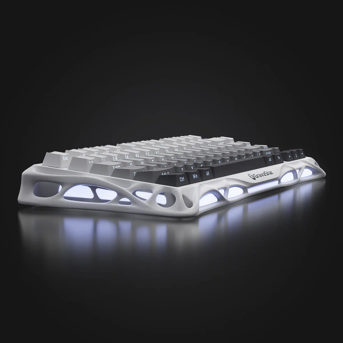 GravaStar Mercury K1 Gradient White – Side angle of 75% wireless mechanical gaming keyboard with aluminum alloy exoskeleton frame, hot-swap linear switches, gasket mount, and dynamic RGB lighting, ideal for pairing with Mercury M1 Pro mouse.
