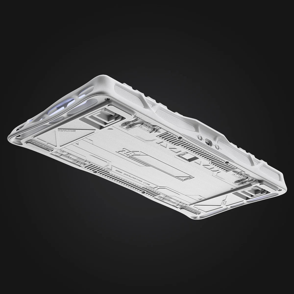 GravaStar Mercury K1 Gradient White – Bottom view of 75% wireless mechanical gaming keyboard showing aluminum alloy exoskeleton chassis, rubber feet, and tri-mode switch, built for Pro Gaming Set setup.
