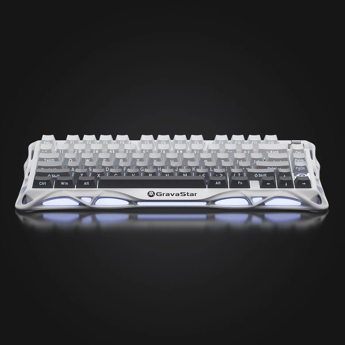 GravaStar Mercury K1 Gradient White – Front view of 75% wireless mechanical gaming keyboard with aluminum alloy exoskeleton frame, hot-swap linear switches, Gasket mount, and dynamic RGB lighting, ideal for pairing with Mercury M1 Pro wireless mouse.