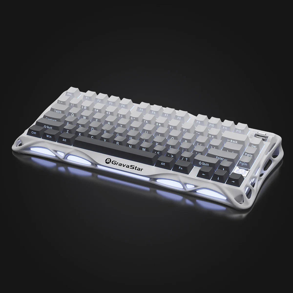 GravaStar Mercury K1 Gradient White – Front angled view of 75% wireless mechanical gaming keyboard with white gradient aluminum alloy frame, custom linear switches, and cool ice-blue RGB backlighting.