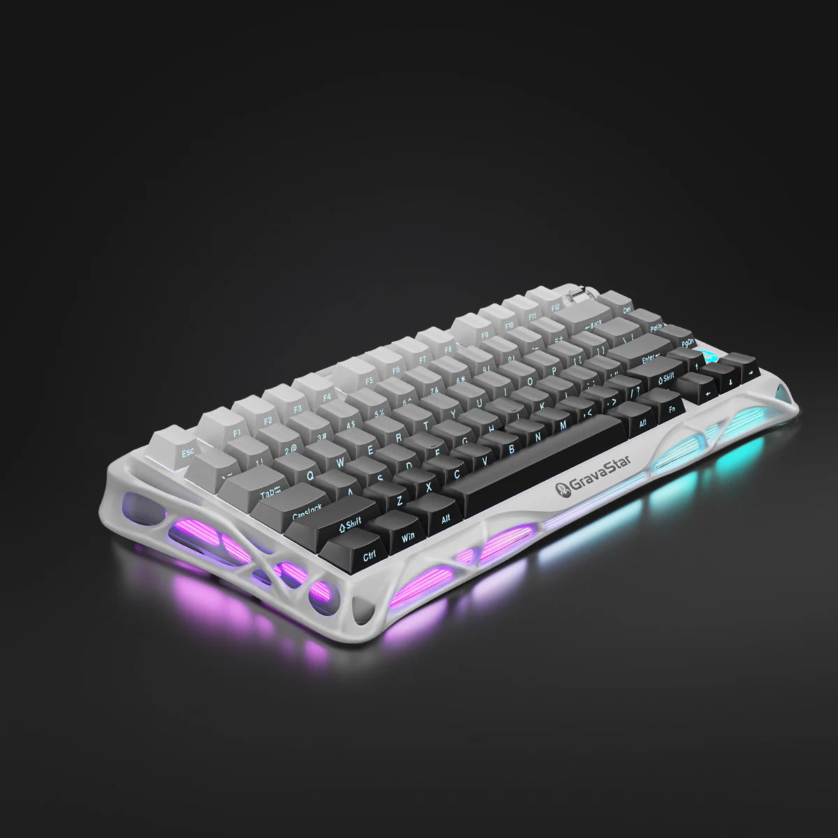 GravaStar Mercury K1 Gradient White – Side profile view of 75% wireless mechanical gaming keyboard highlighting the white gradient metal chassis and vibrant dual RGB lighting.