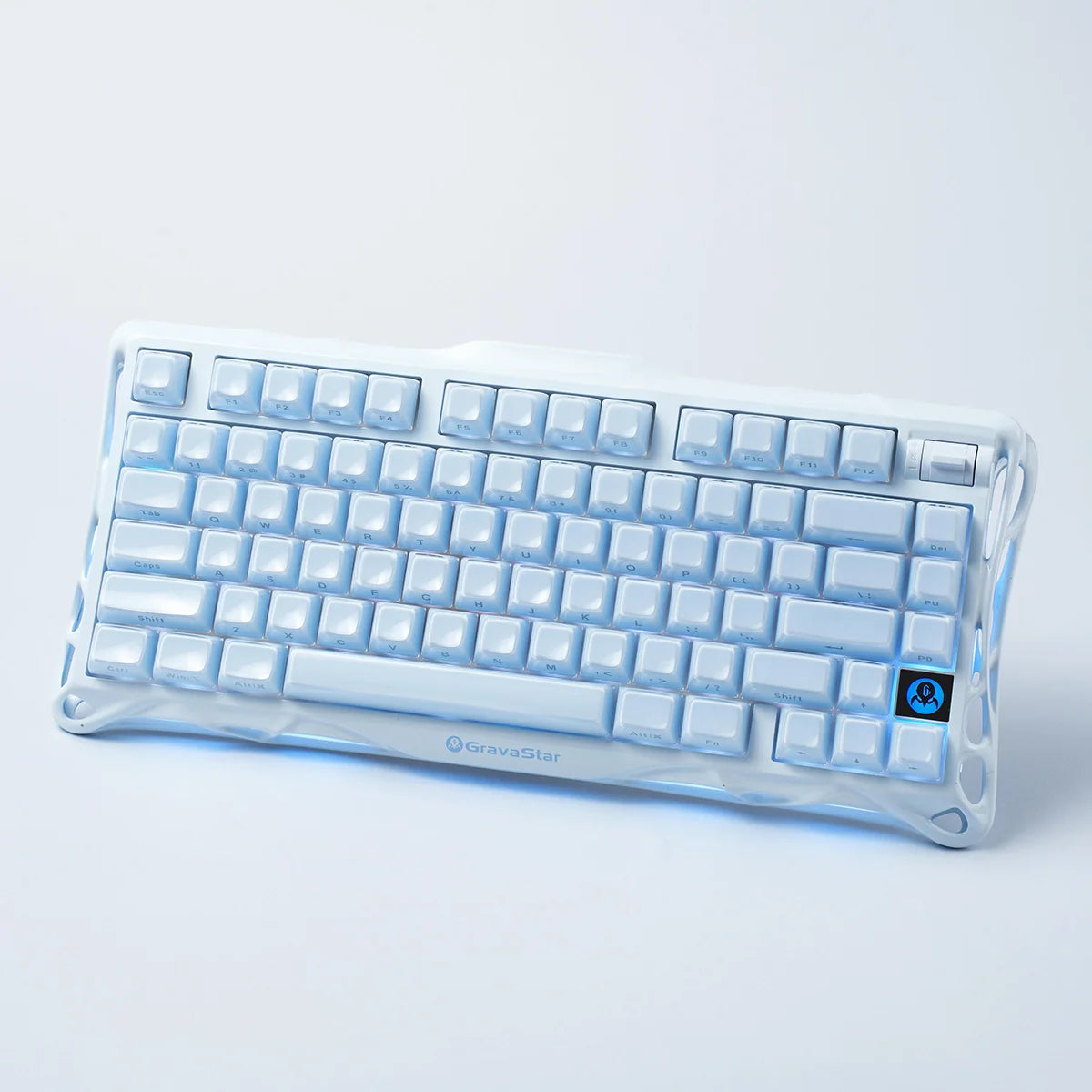 GravaStar Mercury K1 Ice Blue Edition 75% mechanical gaming keyboard – Front view displaying matte ice blue aluminum frame, white translucent PBT keycaps, custom linear switches, and 75% compact 79-key layout.