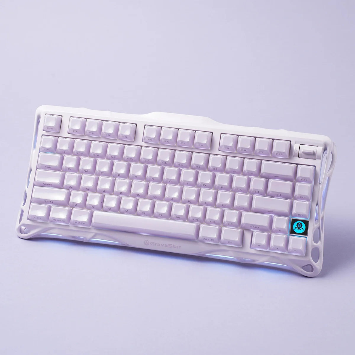 GravaStar Mercury K1 Special Edition Lavender Purple 75% mechanical gaming keyboard top view – Featuring premium aluminum alloy frame, custom Stellar Bloom linear switches, rotary knob, and dual RGB lighting.
