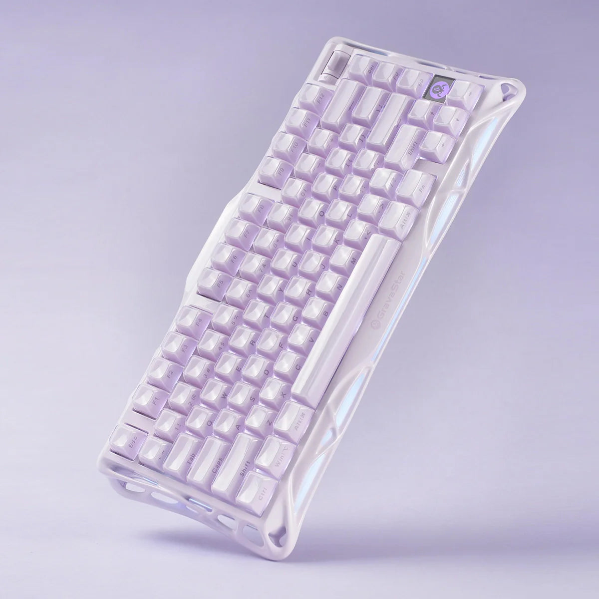 GravaStar Mercury K1 Special Edition Lavender Purple 75% mechanical gaming keyboard featuring premium aluminum alloy chassis, custom Stellar Bloom linear switches, and dual RGB backlighting.
