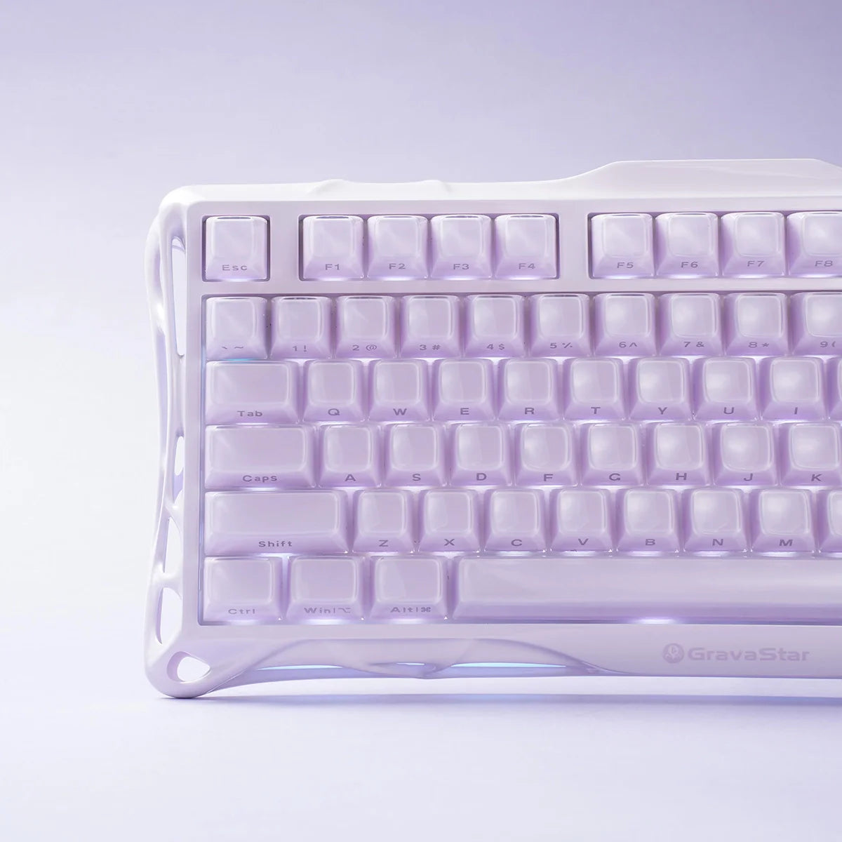 GravaStar Mercury K1 Lavender Purple 75% gaming keyboard close-up – Featuring custom Stellar Bloom linear switches, PBT keycaps, and aluminum alloy chassis, perfect paired with GravaStar M1 Pro Lavender Purple mouse.