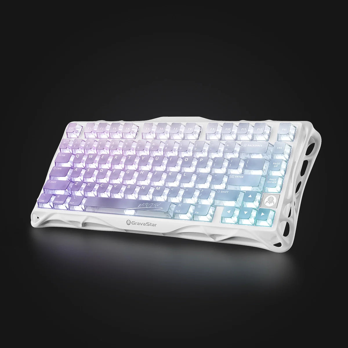 GravaStar Mercury K1 Lite Crystal Aurora Edition 75% mechanical gaming keyboard – Top-down view featuring crystal-clear PC housing with exclusive anime stickers, purple and aurora translucent keycaps, GravaStar Custom Linear Switches, and North-facing RGB lighting with iridescent effects.