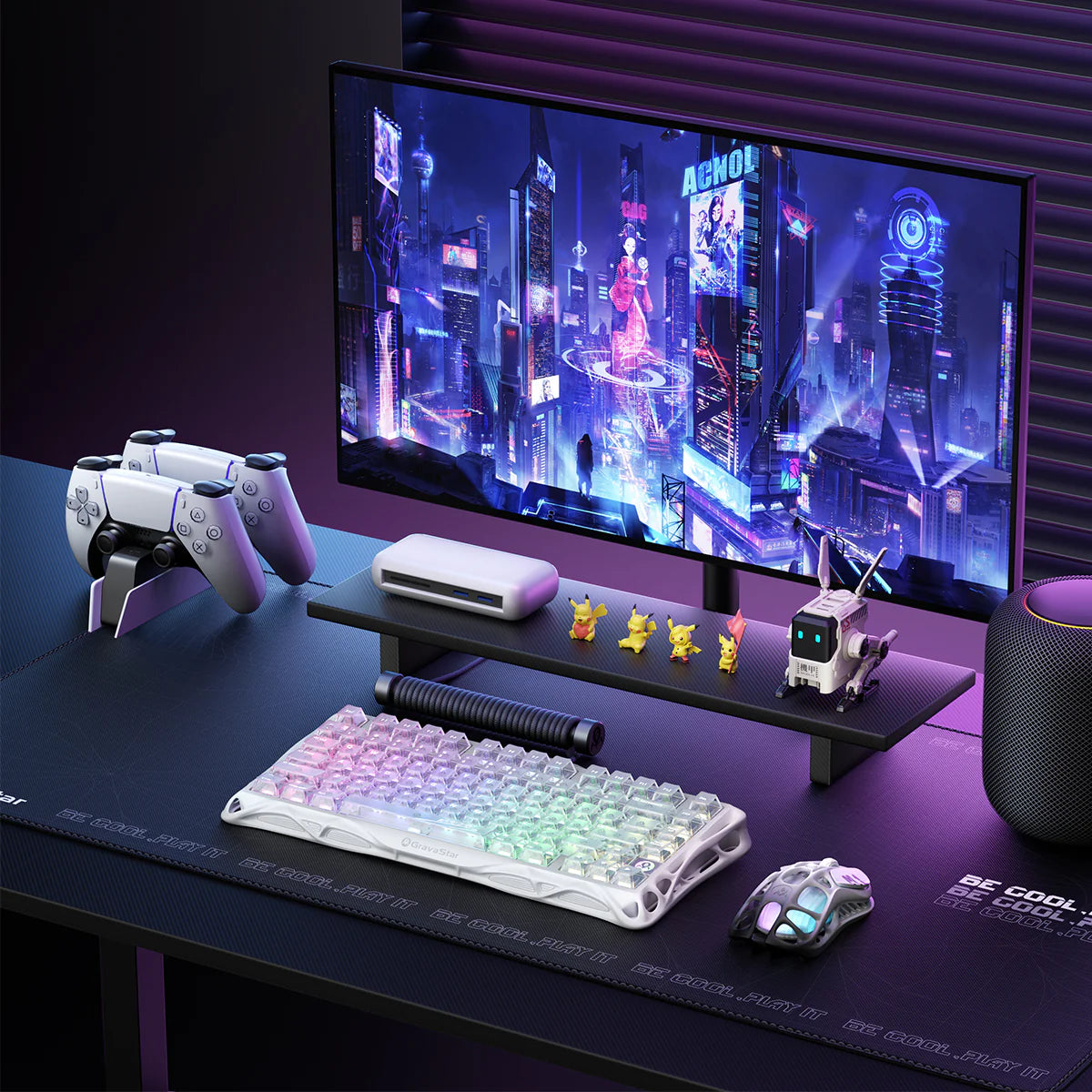 GravaStar Mercury K1 Lite Crystal Aurora Edition 75% mechanical gaming keyboard featured in a cyberpunk desk setup alongside the GravaStar gaming mouse, ultra-wide monitor, PS5 controller, and vibrant RGB ambient lighting.
