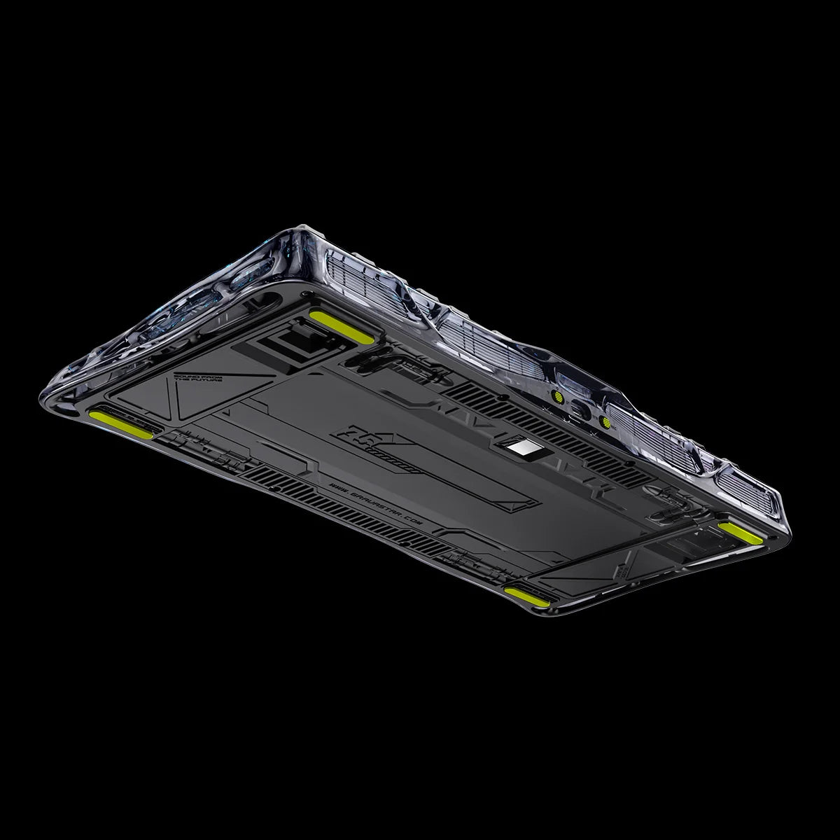 GravaStar Mercury K1 Lite Transparent Black – Bottom chassis view displaying clear black PC housing, adjustable feet, anti-slip pads, 75% wireless mechanical gaming keyboard with custom linear switches.