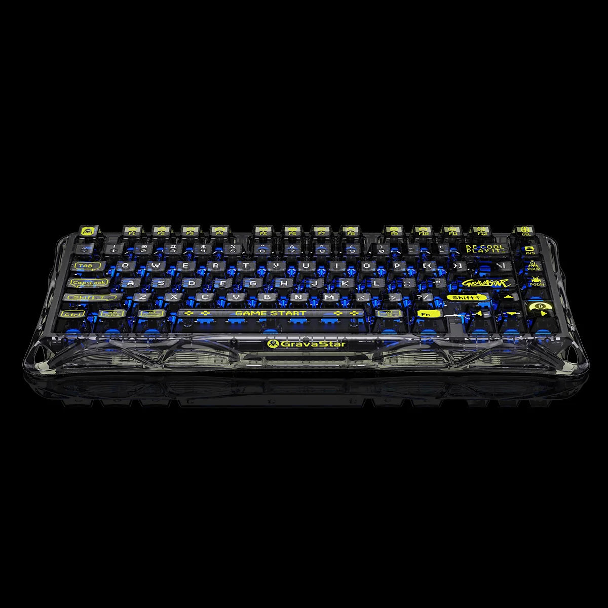 GravaStar Mercury K1 Lite Transparent Black – Front view of 75% wireless mechanical gaming keyboard with clear black PC housing, custom linear switches, Gasket mount, and blue-purple RGB backlight.