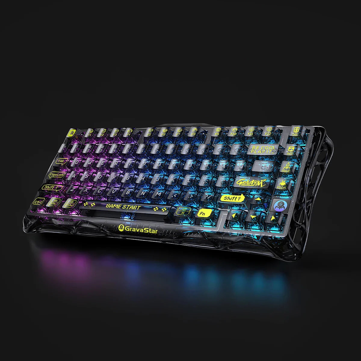 GravaStar Mercury K1 Lite Transparent Black – 75% wireless mechanical gaming keyboard with crystal clear PC transparent black chassis, custom linear switches, Gasket mount, and immersive RGB backlighting.