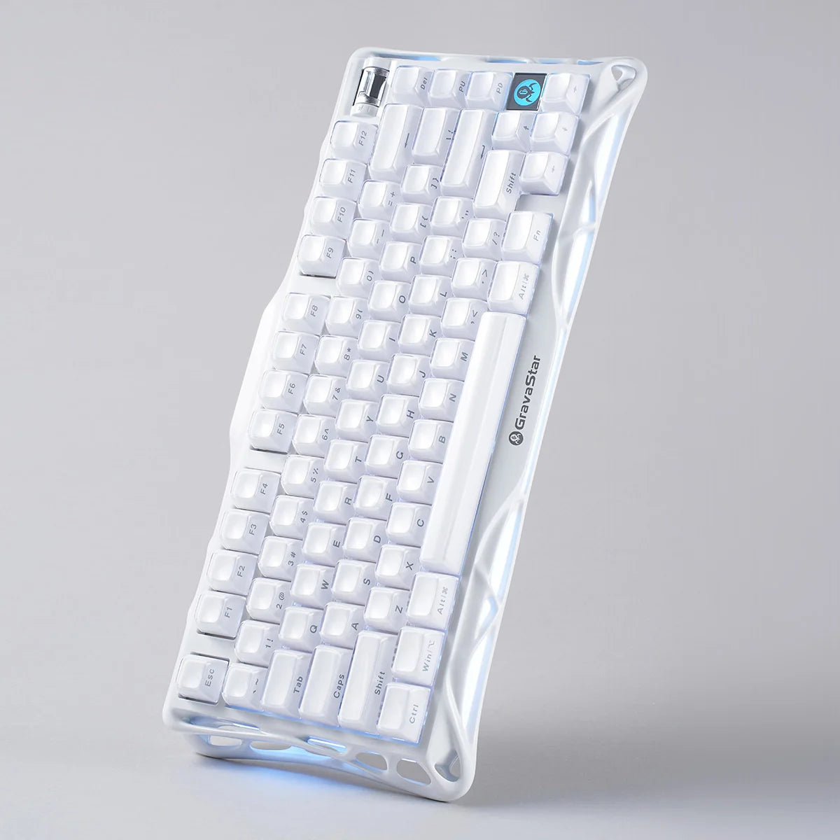 GravaStar Mercury K1 Opaline White 75% mechanical gaming keyboard featuring premium pearl white aluminum alloy chassis, custom Stellar Bloom linear switches, and dual RGB lighting, perfect paired with Mercury M2 Opaline White mouse and Mars Pro speaker.