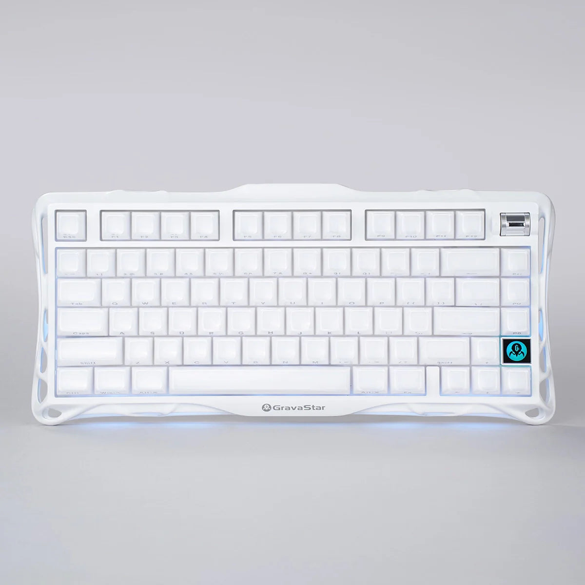 GravaStar Mercury K1 Opaline White 75% mechanical gaming keyboard front view – Highlighting pearl white aluminum chassis, custom Stellar Bloom linear switches, and dual RGB lighting, perfect paired with Mercury M2 Opaline White mouse and Mars Pro speaker.
