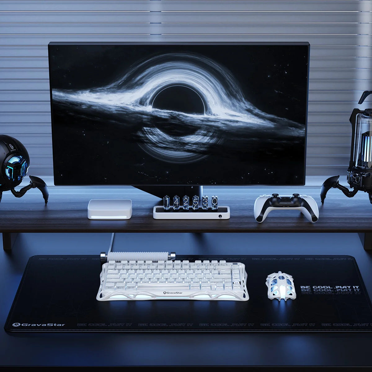GravaStar Mercury K1 Opaline White 75% mechanical gaming keyboard in full cyber battle station setup, featuring Mars Pro speakers, Mercury M2 Opaline White mouse, custom Stellar Bloom linear switches, and dual RGB lighting.