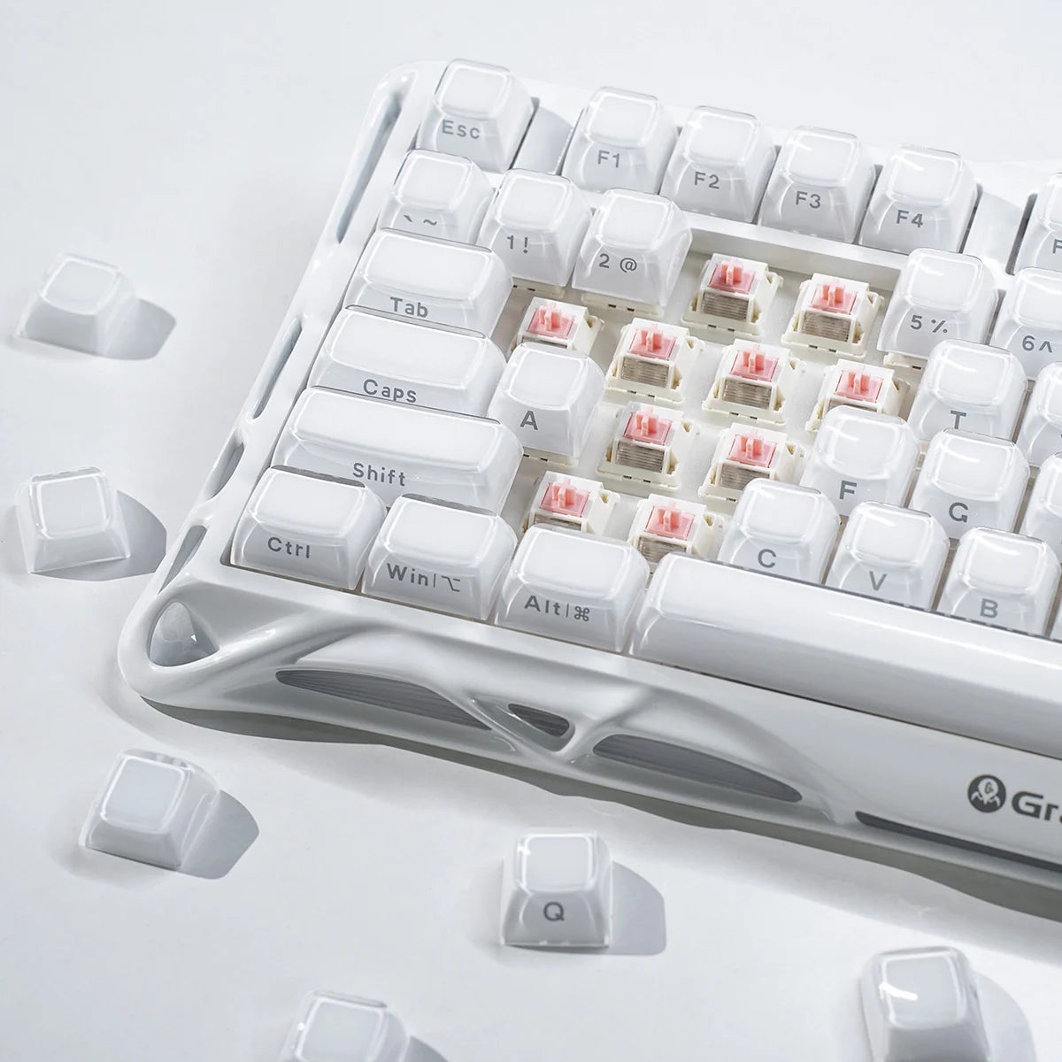 GravaStar Mercury K1 Opaline White 75% mechanical gaming keyboard macro view – Highlighting pearl white aluminum frame, translucent white PBT keycaps, Kailh Stellar Bloom linear switches, and 5-layer PORON sound dampening, perfect paired with Mercury M2 Opaline White mouse and Mars Pro speaker.