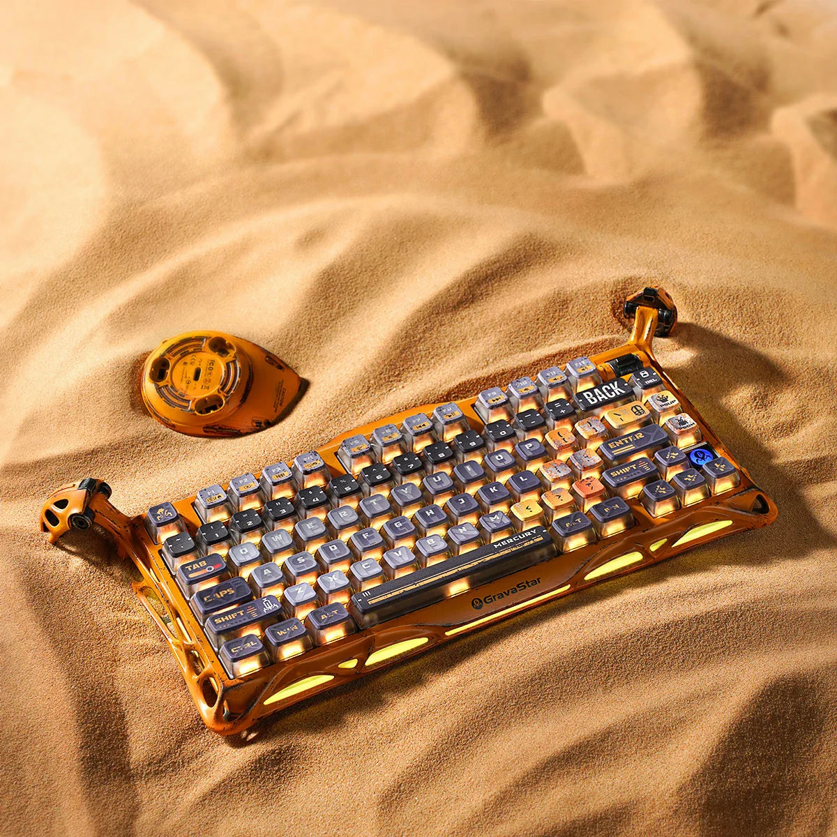 GravaStar Mercury K1 Pro Special Edition Battle-Worn Yellow – Top view of 75% wireless mechanical gaming keyboard with handcrafted weathered aluminum exoskeleton, anti-ghosting technology, 5-layer foam dampening, and Kailh Speedy Mint linear switches.