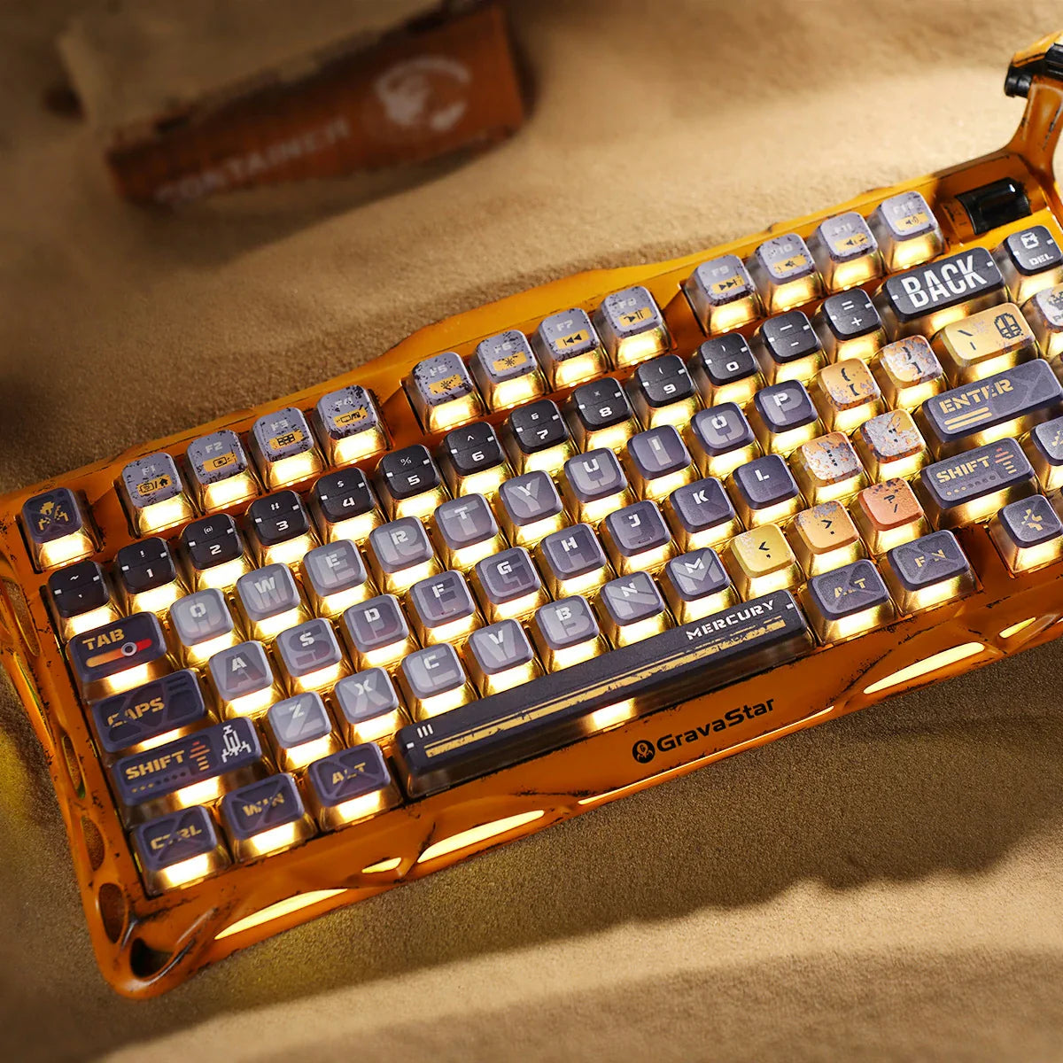 GravaStar Mercury K1 Pro Special Edition Battle-Worn Yellow – 75% wireless mechanical gaming keyboard with handcrafted weathered aluminum exoskeleton, Pudding PBT dye-sub keycaps, customizable macro keys, and warm RGB lighting.