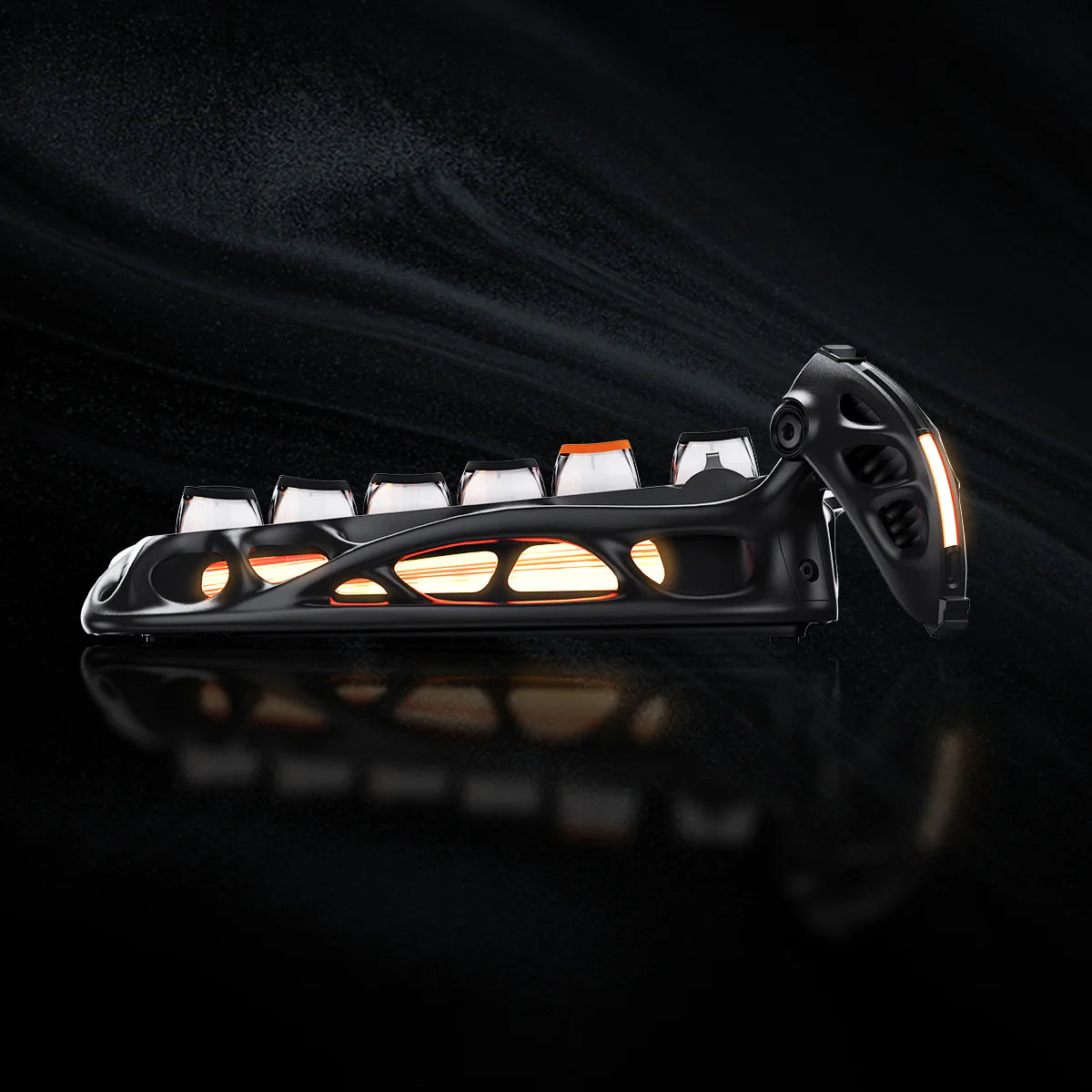 GravaStar Mercury K1 Pro CyberFlare 75% wireless mechanical gaming keyboard – Side chassis view showing nano-textured aluminum alloy exoskeleton base, glowing cybernetic branch accents, South-facing RGB backlighting, and gasket-mounted FR4 plate.