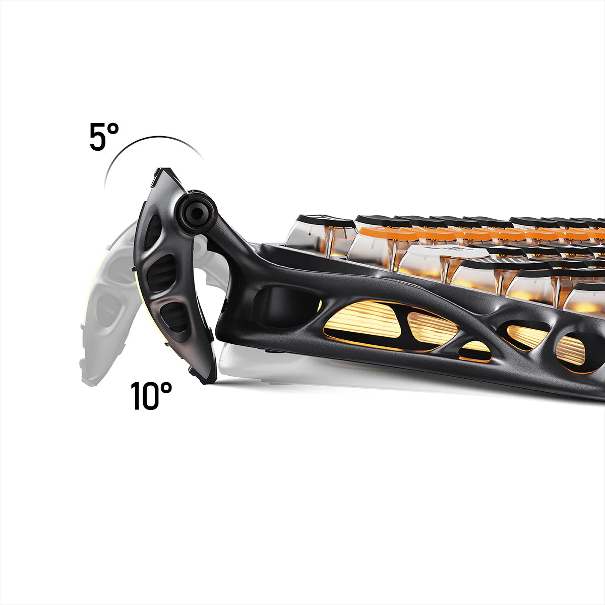 GravaStar Mercury K1 Pro CyberFlare 75% wireless gaming keyboard – Side view showing 5-degree and 10-degree adjustable ergonomic incline angles, nano-textured aluminum alloy exoskeleton with glowing cybernetic branch accents, and gasket-mounted FR4 plate.
