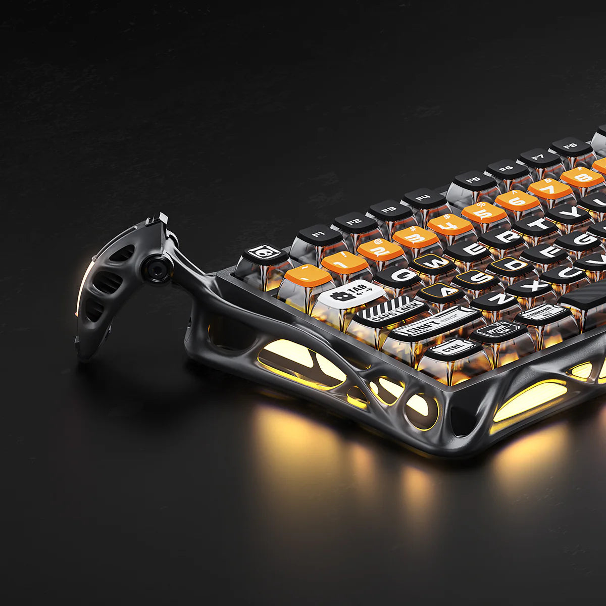 GravaStar Ultimate Gaming Set in CyberFlare – Close-up view of Mercury K1 Pro 75% mechanical gaming keyboard showing nano-textured aluminum alloy exoskeleton, glowing cybernetic branch accents, South-facing RGB lighting, and gasket-mounted FR4 plate.