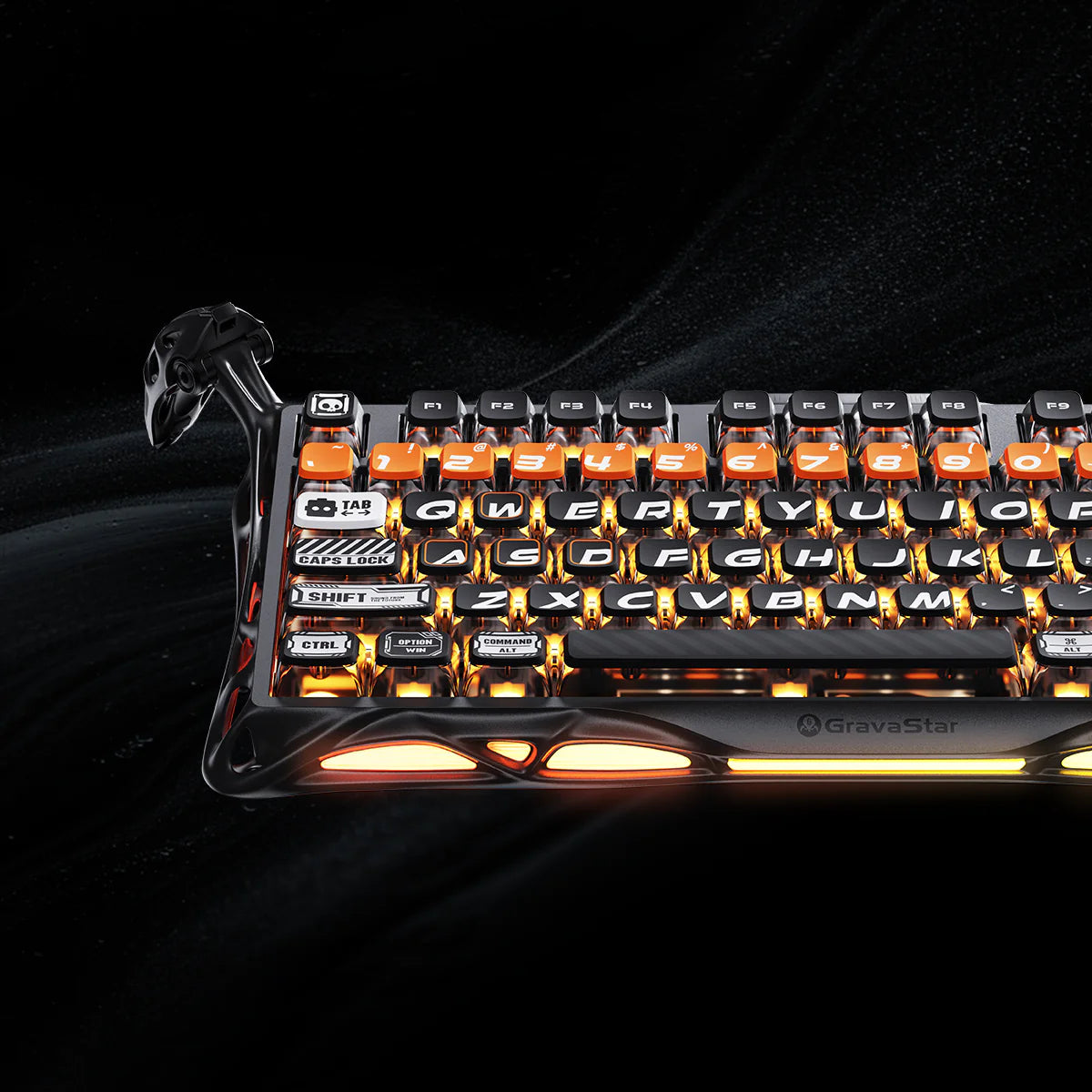GravaStar Mercury K1 Pro CyberFlare 75% wireless mechanical gaming keyboard – Front keybed view showing nano-textured aluminum alloy frame, glowing cybernetic branch accents, Pudding PBT keycaps, South-facing RGB backlighting, 70M keystroke GravaStar x Kailh linear switches, and gasket-mounted FR4 plate.